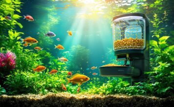 Hyperrealistic photo of a vibrant freshwater aquarium with an automated feeder dispensing small flakes. Colorful fish swim amongst lush green plants in crystal-clear water. Sunlight rays filter through the water. Detailed textures, natural lighting, incredible realism. NO TEXT.