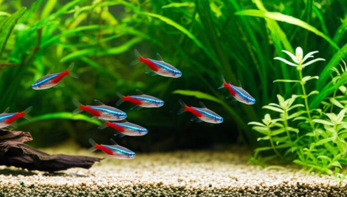 Hyperrealistic, photorealistic close-up of a thriving freshwater aquarium. Crystal clear water with shimmering light rays, lush green aquatic plants with intricate details, vibrant neon tetra fish swimming gracefully in sharp focus. Pristine gravel substrate, healthy ecosystem. Shallow depth of field, soft bokeh. Artifact-free, no text.