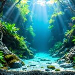 Hyperrealistic photo of a vibrant aquascape aquarium. Crystal clear water, detailed hardscape: gnarled roots, textured stones. Lush green plants, foreground to background. Sunlight rays piercing the surface, subtle reflections. Dynamic composition, incredible depth. NO TEXT, NO LETTERS, NO WORDS on image.