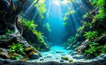 Aquascaping: So gestalten Sie atemberaubende Unterwasserlandschaften! Hyperrealistic photo of a vibrant aquascape aquarium. Crystal clear water, detailed hardscape: gnarled roots, textured stones. Lush green plants, foreground to background. Sunlight rays piercing the surface, subtle reflections. Dynamic composition, incredible depth. NO TEXT, NO LETTERS, NO WORDS on image.
