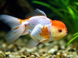 Hyperrealistic macro photograph of a goldfish with white spot disease. Detailed view of white spots on scales and fins. Shallow focus, blurred aquarium plants and gravel background. Natural, slightly dramatic aquarium lighting, sense of unease. Octane render, 8k, no text, letters, words.