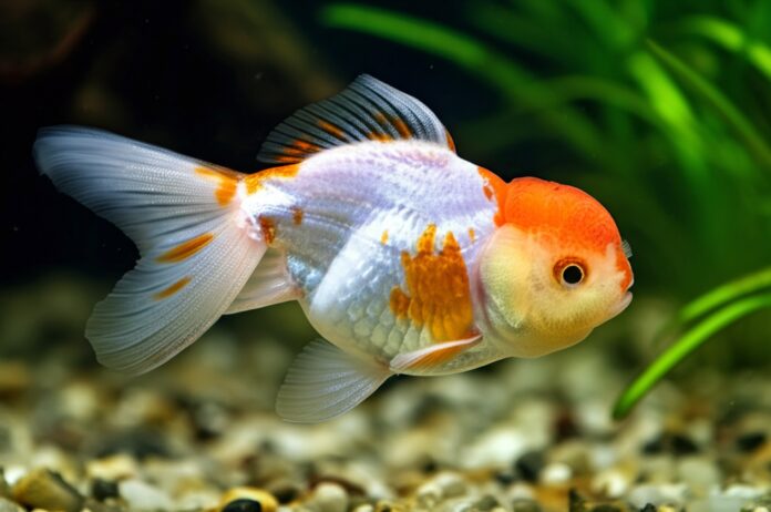 Hyperrealistic macro photograph of a goldfish with white spot disease. Detailed view of white spots on scales and fins. Shallow focus, blurred aquarium plants and gravel background. Natural, slightly dramatic aquarium lighting, sense of unease. Octane render, 8k, no text, letters, words.