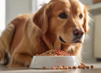 Golden Retriever Ernährungstipps: So füttern Sie Ihren Goldie optimal! Hyperrealistic, photorealistic close-up of a healthy, happy adult Golden Retriever with vibrant golden fur, attentively looking at a simple ceramic bowl filled with nutritious, natural-looking dog food chunks (mix of kibble, meat, vegetables). Set in a bright, clean kitchen with soft morning sunlight creating warm highlights. Shallow depth of field, flawless detail, anatomically correct, no distortions, absolutely no text or letters visible anywhere.