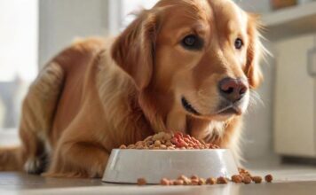 Hyperrealistic, photorealistic close-up of a healthy, happy adult Golden Retriever with vibrant golden fur, attentively looking at a simple ceramic bowl filled with nutritious, natural-looking dog food chunks (mix of kibble, meat, vegetables). Set in a bright, clean kitchen with soft morning sunlight creating warm highlights. Shallow depth of field, flawless detail, anatomically correct, no distortions, absolutely no text or letters visible anywhere.