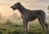 Größte Hunde der Welt – Mythen & Fakten: Was Sie wirklich über Giganten wissen sollten! Hyperrealistic photograph: Majestic Irish Wolfhound standing calmly in a misty, dew-kissed green field during golden hour sunrise. Warm light catches its wiry grey coat. Noble profile, slightly low angle view emphasizes its height. Cinematic lighting, tack-sharp focus, flawless anatomy. Absolutely no text or letters.