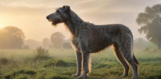 Hyperrealistic photograph: Majestic Irish Wolfhound standing calmly in a misty, dew-kissed green field during golden hour sunrise. Warm light catches its wiry grey coat. Noble profile, slightly low angle view emphasizes its height. Cinematic lighting, tack-sharp focus, flawless anatomy. Absolutely no text or letters.