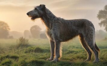 Hyperrealistic photograph: Majestic Irish Wolfhound standing calmly in a misty, dew-kissed green field during golden hour sunrise. Warm light catches its wiry grey coat. Noble profile, slightly low angle view emphasizes its height. Cinematic lighting, tack-sharp focus, flawless anatomy. Absolutely no text or letters.