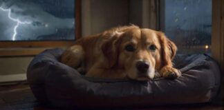 Hyperrealistic photo: A lone Golden Retriever mix huddled anxiously in a dimly lit, cozy dog bed tucked under a wooden table. Outside the window, a dramatic nighttime thunderstorm rages, rain streaks the glass, subtle lightning flashes. The dog's expression shows fear, yet it stays in its safe haven. Flawless anatomy, cinematic lighting, deep shadows, sharp focus, detailed fur texture. Absolutely no text or writing. Atmospheric, photorealistic render.
