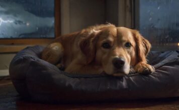 Hyperrealistic photo: A lone Golden Retriever mix huddled anxiously in a dimly lit, cozy dog bed tucked under a wooden table. Outside the window, a dramatic nighttime thunderstorm rages, rain streaks the glass, subtle lightning flashes. The dog's expression shows fear, yet it stays in its safe haven. Flawless anatomy, cinematic lighting, deep shadows, sharp focus, detailed fur texture. Absolutely no text or writing. Atmospheric, photorealistic render.