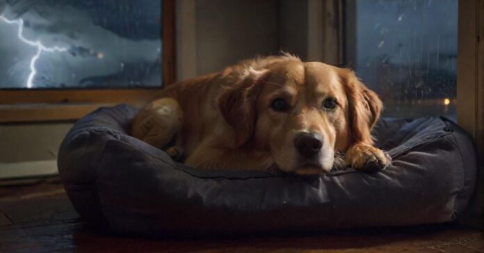Hyperrealistic photo: A lone Golden Retriever mix huddled anxiously in a dimly lit, cozy dog bed tucked under a wooden table. Outside the window, a dramatic nighttime thunderstorm rages, rain streaks the glass, subtle lightning flashes. The dog's expression shows fear, yet it stays in its safe haven. Flawless anatomy, cinematic lighting, deep shadows, sharp focus, detailed fur texture. Absolutely no text or writing. Atmospheric, photorealistic render.