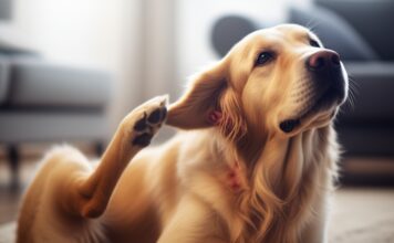 Hyperrealistic, photorealistic extreme close-up of a golden retriever intensely scratching behind its ear with its hind leg. Slightly matted fur around the irritated, red skin. Tired, slightly watery eyes. Soft, diffused natural light from a window, cozy living room background, shallow depth of field, no text, no letters, no words.