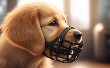 Hunde an Maulkorb gewöhnen: So geht’s stressfrei und positiv! Hyperrealistic close-up of a golden retriever puppy gently taking a treat through a black basket muzzle. Soft, warm morning light. Shallow depth of field, focus on puppy's eyes and muzzle. Detailed fur, cozy home setting. Photorealistic, no artifacts, no text.