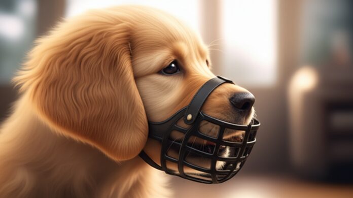 Hyperrealistic close-up of a golden retriever puppy gently taking a treat through a black basket muzzle. Soft, warm morning light. Shallow depth of field, focus on puppy's eyes and muzzle. Detailed fur, cozy home setting. Photorealistic, no artifacts, no text.