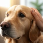 Close-up shot of a worried golden retriever's face, gentle human hand softly petting its head. Soft, warm natural light from a window illuminating the scene. Shallow depth of field, sharp focus on the dog's expressive eyes and the texture of its fur and the human hand's skin. Slightly blurred background of a cozy living room with a plush sofa and soft blankets. Empathetic and supportive mood. Hyperrealistic, photorealistic, no text.