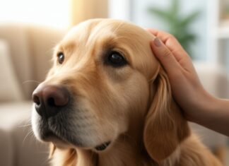 Close-up shot of a worried golden retriever's face, gentle human hand softly petting its head. Soft, warm natural light from a window illuminating the scene. Shallow depth of field, sharp focus on the dog's expressive eyes and the texture of its fur and the human hand's skin. Slightly blurred background of a cozy living room with a plush sofa and soft blankets. Empathetic and supportive mood. Hyperrealistic, photorealistic, no text.