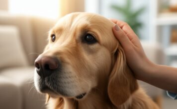 Close-up shot of a worried golden retriever's face, gentle human hand softly petting its head. Soft, warm natural light from a window illuminating the scene. Shallow depth of field, sharp focus on the dog's expressive eyes and the texture of its fur and the human hand's skin. Slightly blurred background of a cozy living room with a plush sofa and soft blankets. Empathetic and supportive mood. Hyperrealistic, photorealistic, no text.