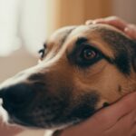 Hunde aus dem Tierschutz: Ein neues Zuhause voller Liebe! Hyperrealistic, photorealistic close-up of a woman's gentle hands stroking a medium-sized rescue dog with soulful brown eyes in a sunlit living room. Soft depth of field, cinematic lighting, ultra-detailed fur texture, reflections in dog's eyes, 8k, artifact-free, no text.