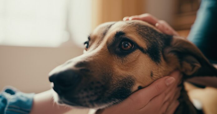 Hyperrealistic, photorealistic close-up of a woman's gentle hands stroking a medium-sized rescue dog with soulful brown eyes in a sunlit living room. Soft depth of field, cinematic lighting, ultra-detailed fur texture, reflections in dog's eyes, 8k, artifact-free, no text.