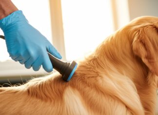 Hunde chippen lassen: Sicherheit für Ihren Vierbeiner! Macro close-up photograph of a veterinarian's hand in a blue nitrile glove gently using a microchip scanner on the neck of a calm golden retriever dog. The dog's fur is highly detailed and realistic, showing individual strands. Golden hour lighting from a window casts soft, warm shadows and highlights the texture of the dog's fur and the cool metallic scanner. Shallow depth of field with soft bokeh of a veterinary clinic in the background to draw focus to the scanner and dog. Professional, hyperrealistic, photorealistic, no text, and artefact-free image.