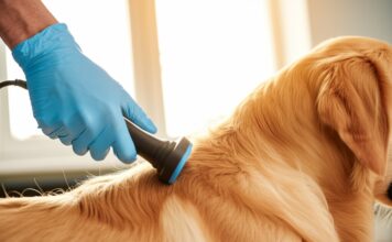Macro close-up photograph of a veterinarian's hand in a blue nitrile glove gently using a microchip scanner on the neck of a calm golden retriever dog. The dog's fur is highly detailed and realistic, showing individual strands. Golden hour lighting from a window casts soft, warm shadows and highlights the texture of the dog's fur and the cool metallic scanner. Shallow depth of field with soft bokeh of a veterinary clinic in the background to draw focus to the scanner and dog. Professional, hyperrealistic, photorealistic, no text, and artefact-free image.