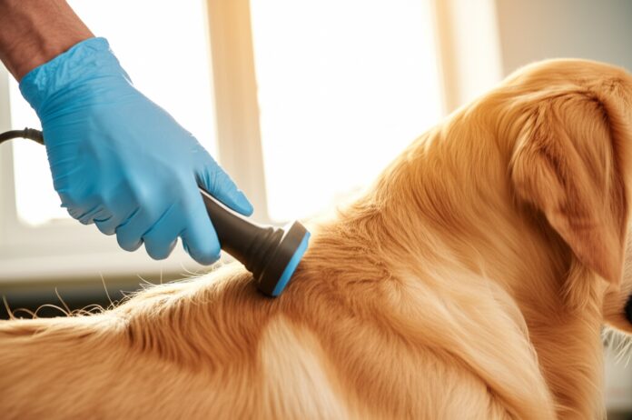 Macro close-up photograph of a veterinarian's hand in a blue nitrile glove gently using a microchip scanner on the neck of a calm golden retriever dog. The dog's fur is highly detailed and realistic, showing individual strands. Golden hour lighting from a window casts soft, warm shadows and highlights the texture of the dog's fur and the cool metallic scanner. Shallow depth of field with soft bokeh of a veterinary clinic in the background to draw focus to the scanner and dog. Professional, hyperrealistic, photorealistic, no text, and artefact-free image.