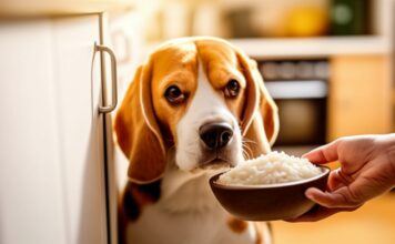 Hyperrealistic close-up of a concerned owner's hand gently offering a bowl of bland, cooked chicken and rice to a slightly unwell-looking Beagle dog in a warm, softly lit kitchen. Extremely detailed textures of dog fur, food, and kitchen elements. Natural soft lighting, shallow depth of field, artifact-free, photorealistic image, no text.