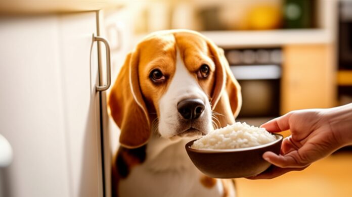 Hyperrealistic close-up of a concerned owner's hand gently offering a bowl of bland, cooked chicken and rice to a slightly unwell-looking Beagle dog in a warm, softly lit kitchen. Extremely detailed textures of dog fur, food, and kitchen elements. Natural soft lighting, shallow depth of field, artifact-free, photorealistic image, no text.
