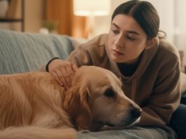 Hyperrealistic photo, no text. Concerned young woman gently strokes her golden retriever in a cozy living room. The dog appears slightly unwell, resting its head on the sofa cushion. Soft natural light from a window illuminates the scene. Detailed fur, shallow depth of field, warm, inviting atmosphere, realistic textures.