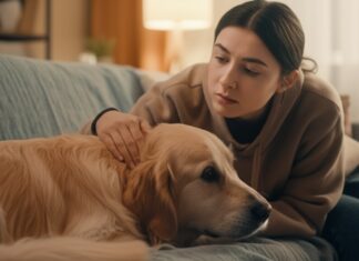 Hunde Erbrechen Hausmittel: Was tun, wenn der Hund erbricht? Hyperrealistic photo, no text. Concerned young woman gently strokes her golden retriever in a cozy living room. The dog appears slightly unwell, resting its head on the sofa cushion. Soft natural light from a window illuminates the scene. Detailed fur, shallow depth of field, warm, inviting atmosphere, realistic textures.