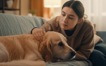 Hyperrealistic photo, no text. Concerned young woman gently strokes her golden retriever in a cozy living room. The dog appears slightly unwell, resting its head on the sofa cushion. Soft natural light from a window illuminates the scene. Detailed fur, shallow depth of field, warm, inviting atmosphere, realistic textures.
