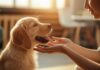 Hyperrealistic photo, close-up of a person gently training a Golden Retriever puppy in a sunlit living room. Soft golden hour lighting, shallow depth of field, detailed fur texture. Person guiding puppy with a hand gesture, puppy attentive and joyful. Focus on positive reinforcement and loving connection. Artefact-free, no text in image.