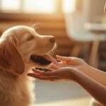 Hunde Erziehung ohne Gewalt: Liebevolle Konsequenz für ein harmonisches Miteinander! Hyperrealistic photo, close-up of a person gently training a Golden Retriever puppy in a sunlit living room. Soft golden hour lighting, shallow depth of field, detailed fur texture. Person guiding puppy with a hand gesture, puppy attentive and joyful. Focus on positive reinforcement and loving connection. Artefact-free, no text in image.