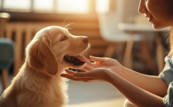 Hyperrealistic photo, close-up of a person gently training a Golden Retriever puppy in a sunlit living room. Soft golden hour lighting, shallow depth of field, detailed fur texture. Person guiding puppy with a hand gesture, puppy attentive and joyful. Focus on positive reinforcement and loving connection. Artefact-free, no text in image.