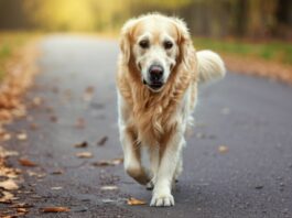 Hyperrealistic photorealistic image: A golden retriever dog with a subtle limp walks on an autumn park path, fallen leaves scattered. Focus on realistic dog anatomy, fur texture, and natural gait showcasing a slight limp. Shallow depth of field, natural daylight. Artefact-free, no text.