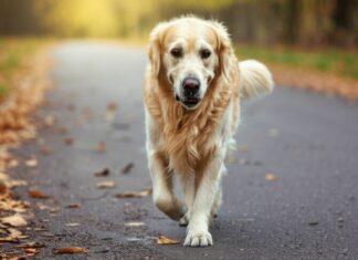Hunde Gelenkprobleme: So helfen Sie Ihrem Hund bei Arthrose & Co.! Hyperrealistic photorealistic image: A golden retriever dog with a subtle limp walks on an autumn park path, fallen leaves scattered. Focus on realistic dog anatomy, fur texture, and natural gait showcasing a slight limp. Shallow depth of field, natural daylight. Artefact-free, no text.