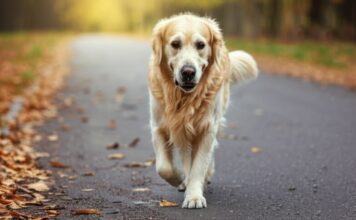 Hunde Gelenkprobleme: So helfen Sie Ihrem Hund bei Arthrose & Co.! Hyperrealistic photorealistic image: A golden retriever dog with a subtle limp walks on an autumn park path, fallen leaves scattered. Focus on realistic dog anatomy, fur texture, and natural gait showcasing a slight limp. Shallow depth of field, natural daylight. Artefact-free, no text.