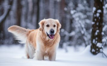 Hyperrealistic photograph of a healthy Golden Retriever joyfully trotting through fresh, powdery snow in a sunlit winter forest. Snowflakes cling to its fur, visible breath puffs in the cold air. Sharp focus on the dog, soft bokeh background. Emphasize realistic fur texture and snow detail. Absolutely no text or letters visible.
