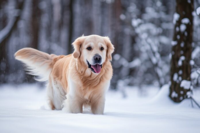 Hyperrealistic photograph of a healthy Golden Retriever joyfully trotting through fresh, powdery snow in a sunlit winter forest. Snowflakes cling to its fur, visible breath puffs in the cold air. Sharp focus on the dog, soft bokeh background. Emphasize realistic fur texture and snow detail. Absolutely no text or letters visible.