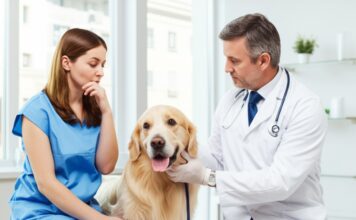 Hyperrealistic photograph of a concerned woman in her 30s discussing dog castration with a friendly male veterinarian in a bright, modern clinic. A golden retriever sits calmly beside her. Soft, natural daylight, shallow depth of field, 85mm lens. Focus on realistic skin and fur textures. Clean, modern clinic background. No text.