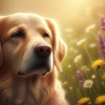 Hunde Naturheilkunde: Sanfte Alternativen für die Hundegesundheit! Hyperrealistic, photorealistic close-up of a healthy golden retriever dog, eyes softly closed in peaceful relaxation. The dog is lying in a sun-drenched meadow filled with blooming chamomile, lavender, and dandelion. Golden hour sunlight filters through leaves, creating dappled lighting and soft shadows. Extremely detailed fur texture, realistic eye reflection, and natural meadow environment. Artefact-free, no text, no letters, no words, absolutely no typography. Shallow depth of field.