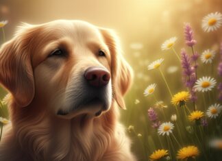 Hyperrealistic, photorealistic close-up of a healthy golden retriever dog, eyes softly closed in peaceful relaxation. The dog is lying in a sun-drenched meadow filled with blooming chamomile, lavender, and dandelion. Golden hour sunlight filters through leaves, creating dappled lighting and soft shadows. Extremely detailed fur texture, realistic eye reflection, and natural meadow environment. Artefact-free, no text, no letters, no words, absolutely no typography. Shallow depth of field.