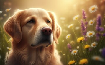 Hyperrealistic, photorealistic close-up of a healthy golden retriever dog, eyes softly closed in peaceful relaxation. The dog is lying in a sun-drenched meadow filled with blooming chamomile, lavender, and dandelion. Golden hour sunlight filters through leaves, creating dappled lighting and soft shadows. Extremely detailed fur texture, realistic eye reflection, and natural meadow environment. Artefact-free, no text, no letters, no words, absolutely no typography. Shallow depth of field.