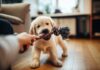 Hunde Spiele für drinnen: So wird’s auch bei Regen nicht langweilig! hyperrealistic image of a happy Golden Retriever puppy playing with a colorful rope toy with its owner in a cozy living room. Soft, natural light from a window illuminates the scene. Focus on the puppy's playful expression and the owner's gentle hand holding the toy. Warm, inviting atmosphere, shallow depth of field, no text.