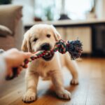 hyperrealistic image of a happy Golden Retriever puppy playing with a colorful rope toy with its owner in a cozy living room. Soft, natural light from a window illuminates the scene. Focus on the puppy's playful expression and the owner's gentle hand holding the toy. Warm, inviting atmosphere, shallow depth of field, no text.