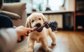 hyperrealistic image of a happy Golden Retriever puppy playing with a colorful rope toy with its owner in a cozy living room. Soft, natural light from a window illuminates the scene. Focus on the puppy's playful expression and the owner's gentle hand holding the toy. Warm, inviting atmosphere, shallow depth of field, no text.