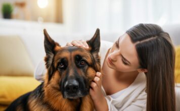 A hyperrealistic, emotionally resonant image of a young woman gently stroking a stressed German Shepherd dog in a softly lit living room. The dog shows subtle stress signals - slight panting, furrowed brow - but is visibly calming under the woman's reassuring touch. Focus on hyperrealistic textures, soft natural light, shallow depth of field, intimate close-up. No text.