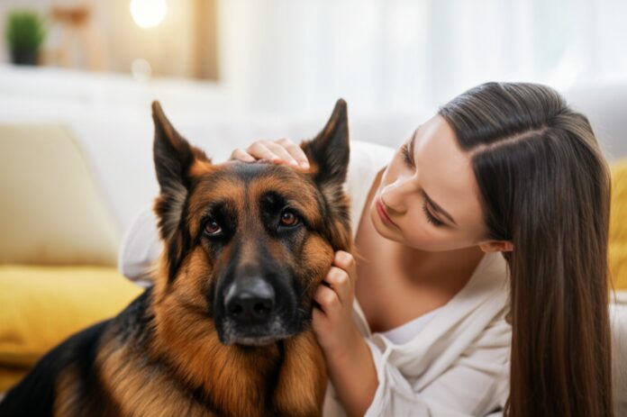 A hyperrealistic, emotionally resonant image of a young woman gently stroking a stressed German Shepherd dog in a softly lit living room. The dog shows subtle stress signals - slight panting, furrowed brow - but is visibly calming under the woman's reassuring touch. Focus on hyperrealistic textures, soft natural light, shallow depth of field, intimate close-up. No text.