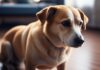 Hyperrealistic photo, medium-sized dog (Labrador mix) showing stress. Heaving slightly, tucked tail, ears subtly back, worried eyes. Softly lit living room, detailed fur, realistic lighting. Photorealistic, 8k, no text.