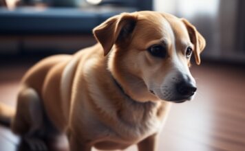 Hyperrealistic photo, medium-sized dog (Labrador mix) showing stress. Heaving slightly, tucked tail, ears subtly back, worried eyes. Softly lit living room, detailed fur, realistic lighting. Photorealistic, 8k, no text.