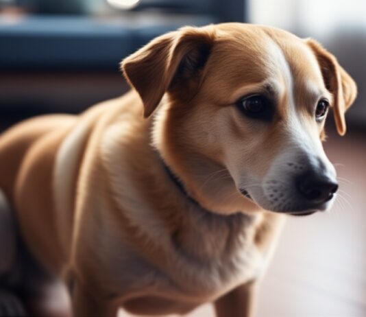 Hyperrealistic photo, medium-sized dog (Labrador mix) showing stress. Heaving slightly, tucked tail, ears subtly back, worried eyes. Softly lit living room, detailed fur, realistic lighting. Photorealistic, 8k, no text.